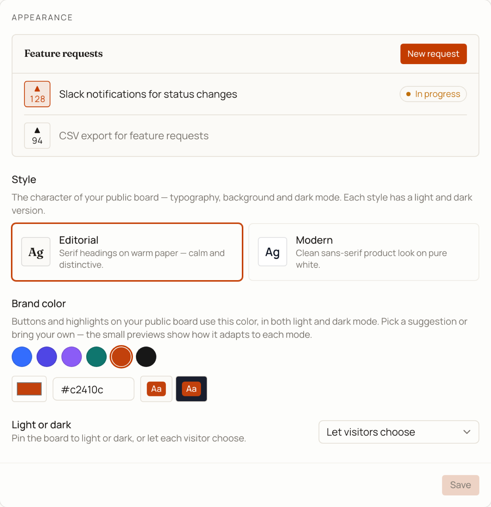 The Appearance card showing a live mini board preview, the Editorial and Modern style picker with Ag type specimens, the brand color swatches with a color picker, a hex field and two Aa chips previewing light and dark mode, and the light or dark selector