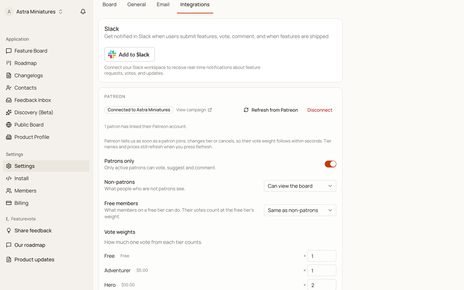 The Patreon card on the Integrations page, connected to a campaign, with the Patrons only toggle, the Non-patrons and Free members dropdowns, and per-tier vote weight inputs