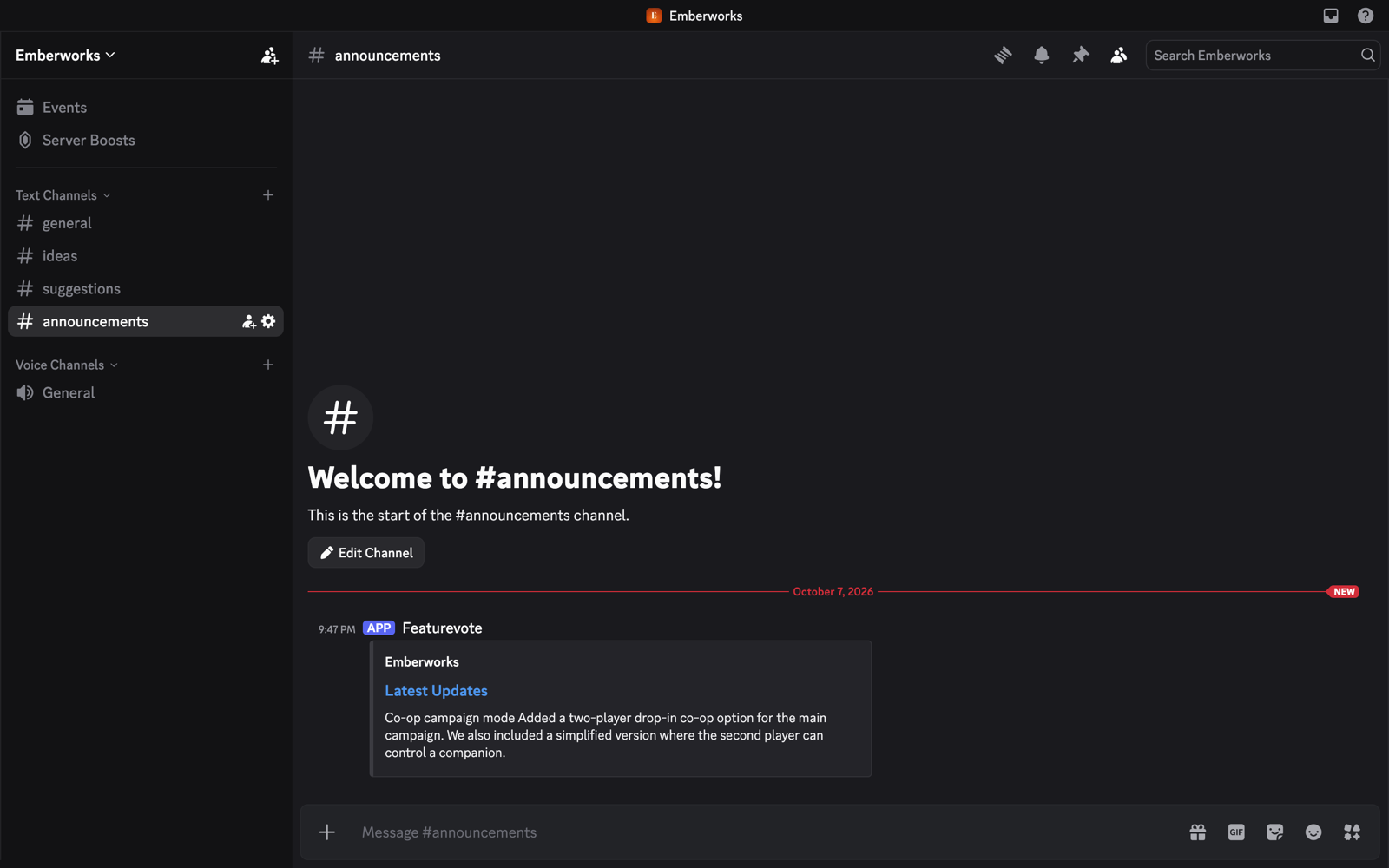 A changelog posted in a Discord channel as a card from the board, with the changelog title and the start of its text