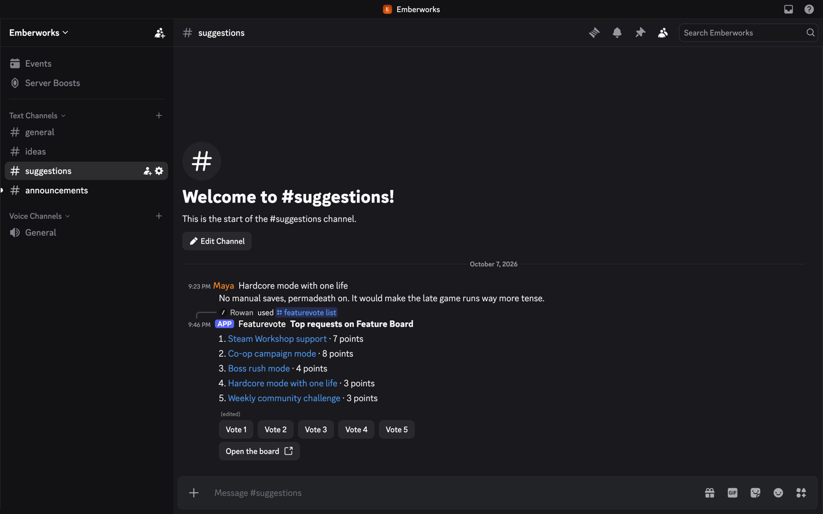 A list posted in a Discord channel: the top five requests with their points, a Vote button for each and Open the board