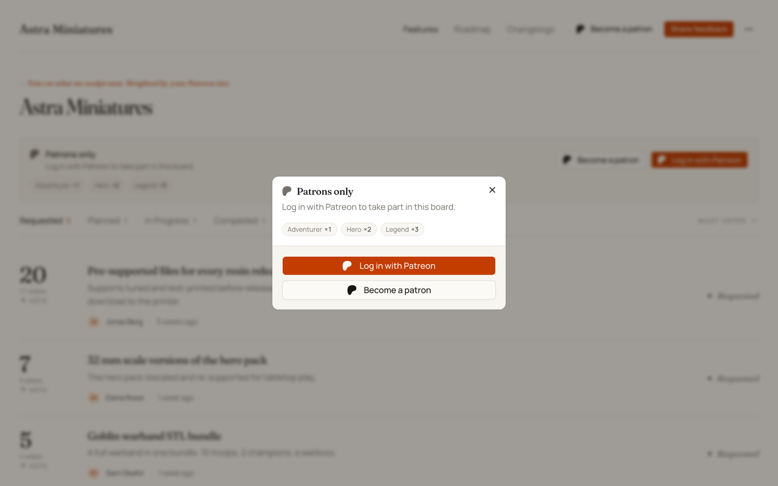 A dialog titled Patrons only over a dimmed board, showing the tier weights and Log in with Patreon and Become a patron buttons