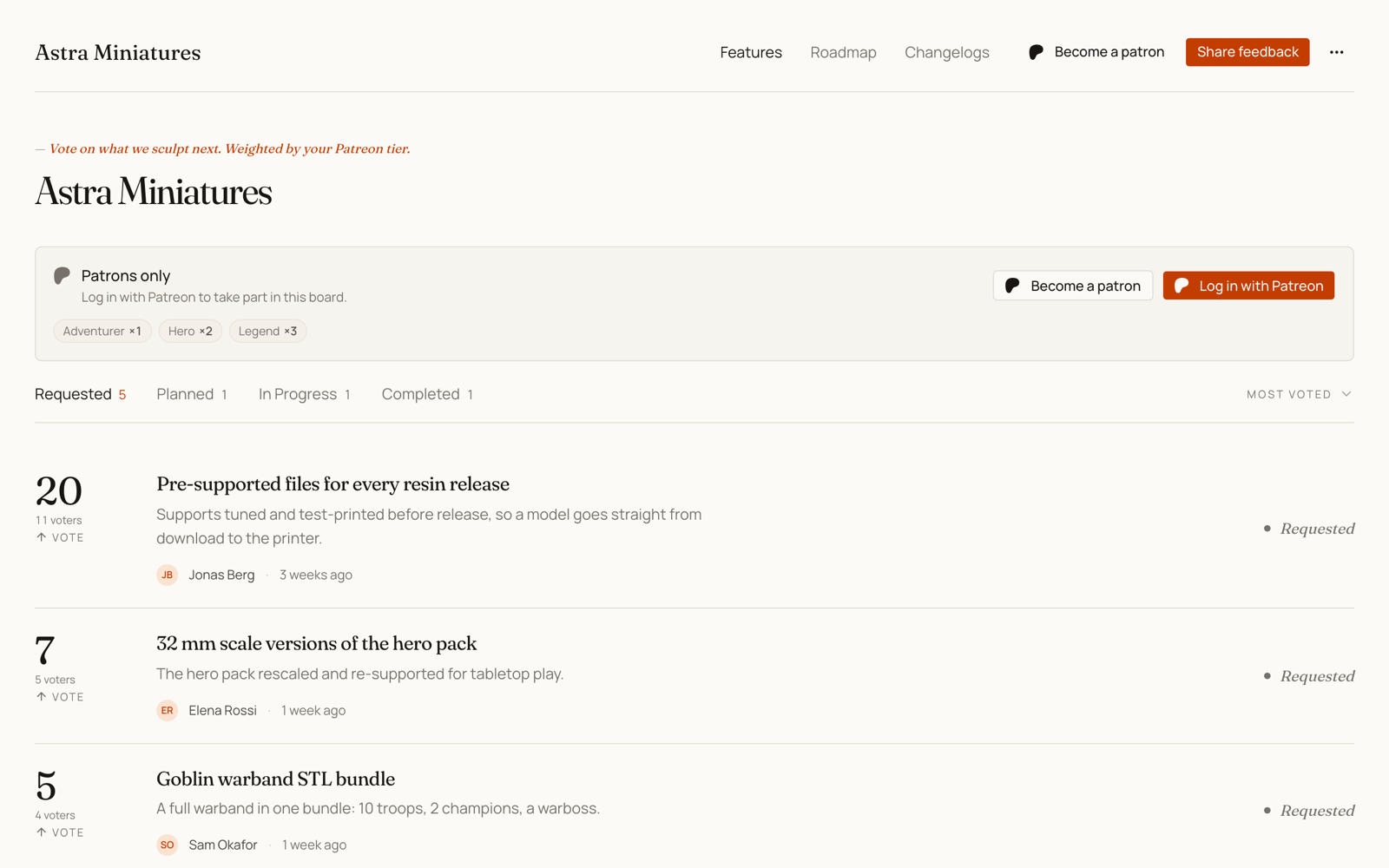 A public board with the Patrons only panel: tier weight pills, a Log in with Patreon button and a Become a patron link, with the request list readable below