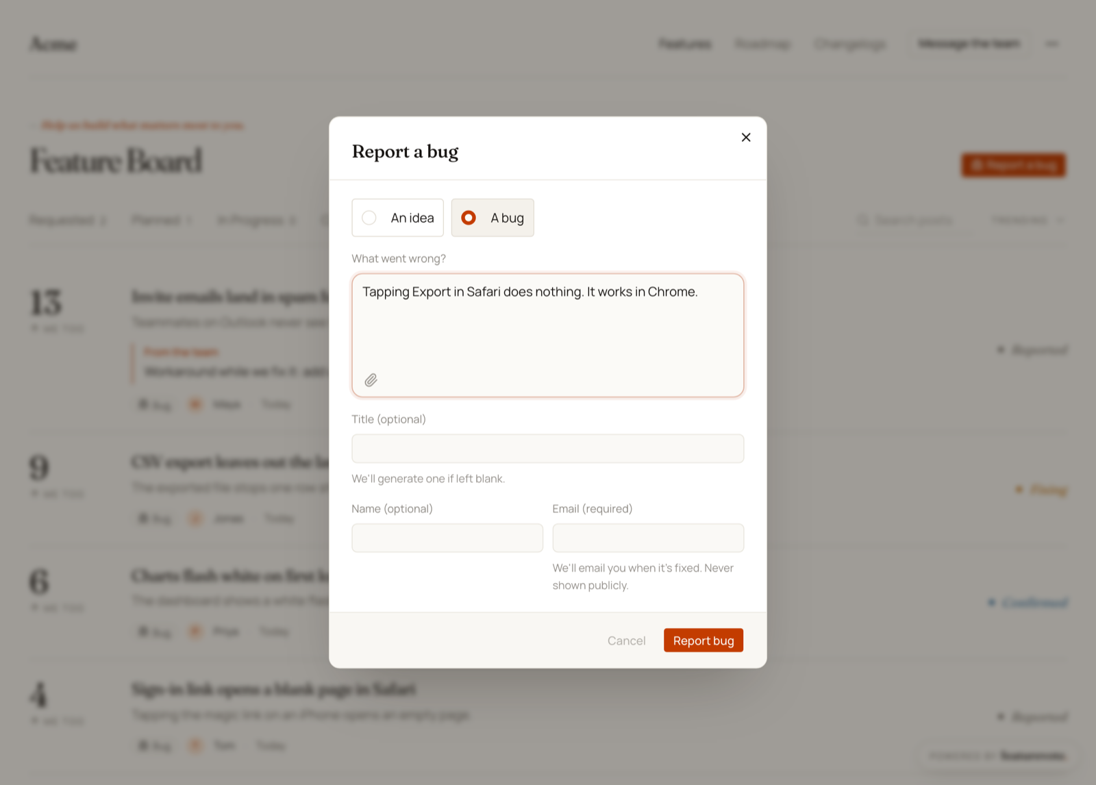 The Report a bug form over the board, with a What went wrong? field, an optional title and a Report bug button
