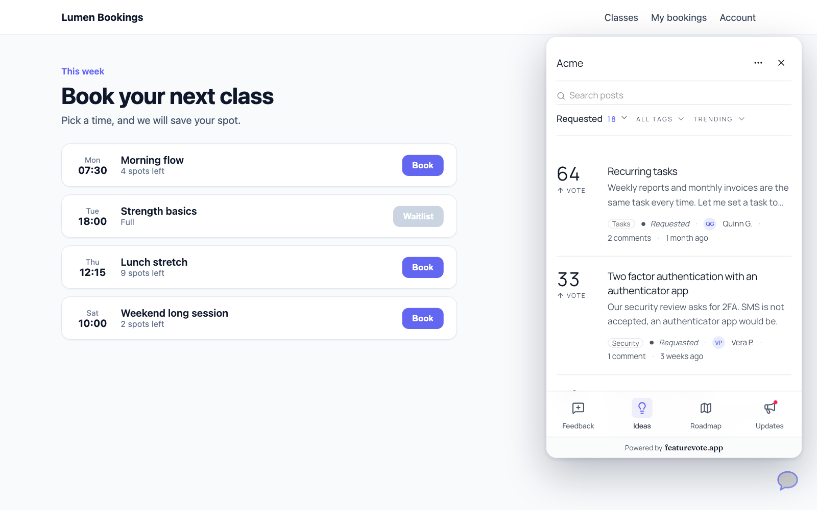 A class booking app with the featurevote card open in the bottom right corner on its Ideas tab, styled in the app's white and indigo. It lists requests with their votes, Recurring tasks with 64 and Two factor authentication with 33, above a tab bar with Feedback, Ideas, Roadmap and Updates